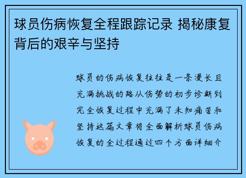 球员伤病恢复全程跟踪记录 揭秘康复背后的艰辛与坚持