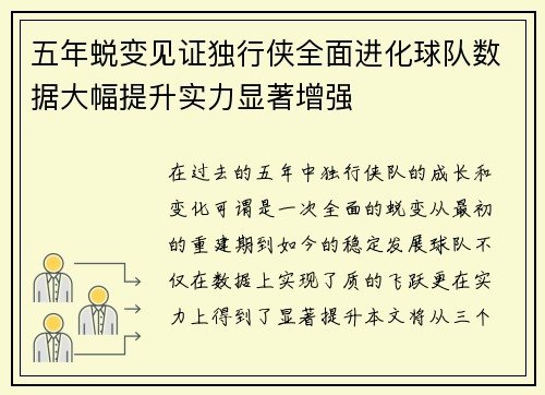 五年蜕变见证独行侠全面进化球队数据大幅提升实力显著增强