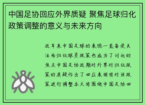 中国足协回应外界质疑 聚焦足球归化政策调整的意义与未来方向