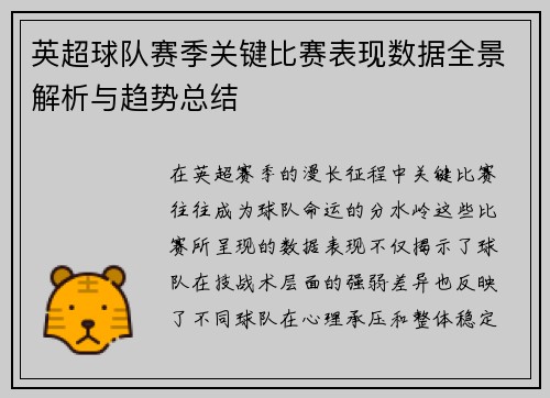 英超球队赛季关键比赛表现数据全景解析与趋势总结